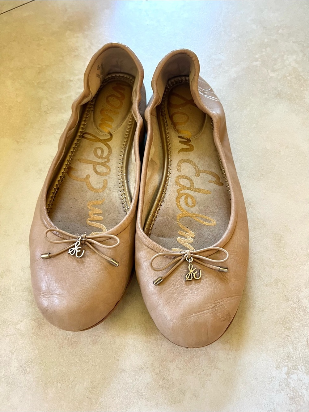Sam Edelman Tan Leather Ballet Flats with Bow Charm